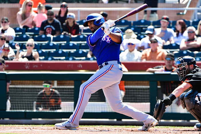 Apr 1, 2022; Scottsdale, Arizona, USA; Texas Rangers second baseman Marcus Semien (2) grounds out in the first inning against the San Francisco Giants at Scottsdale Stadium. Mandatory Credit: Matt Kartozian-USA TODAY Sports